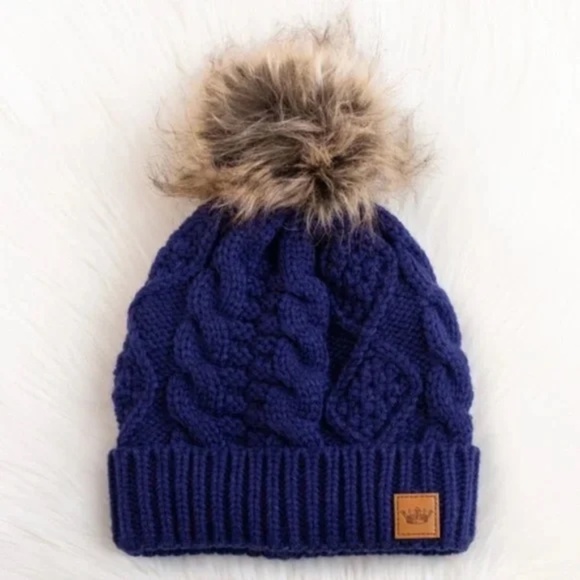 Blue Cable Knit Faux Fur Pompom Fleece Lined Women's Winter Beanie Hat - Picture 2 of 2